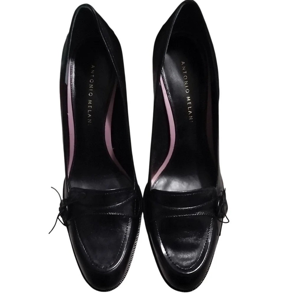 Antonio Melani Black Leather Loafer 3in Heels‎ Size 8.5M Tie Detail Officecore